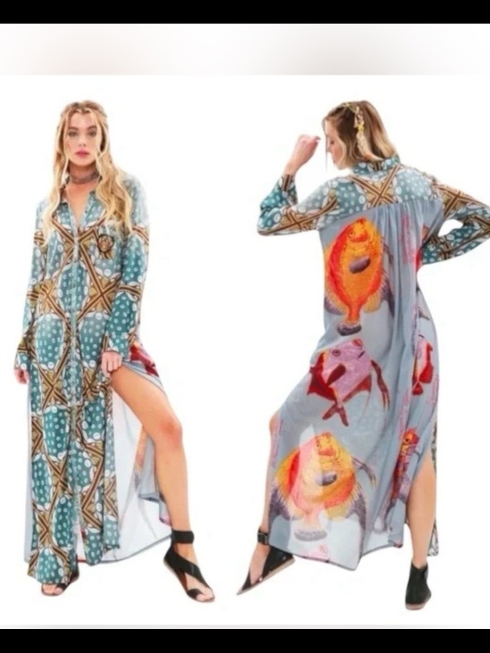 Bohemian Teal Vibrant Printed Maxi Dress Fish Detail - Eclectic Boho, Rare Print